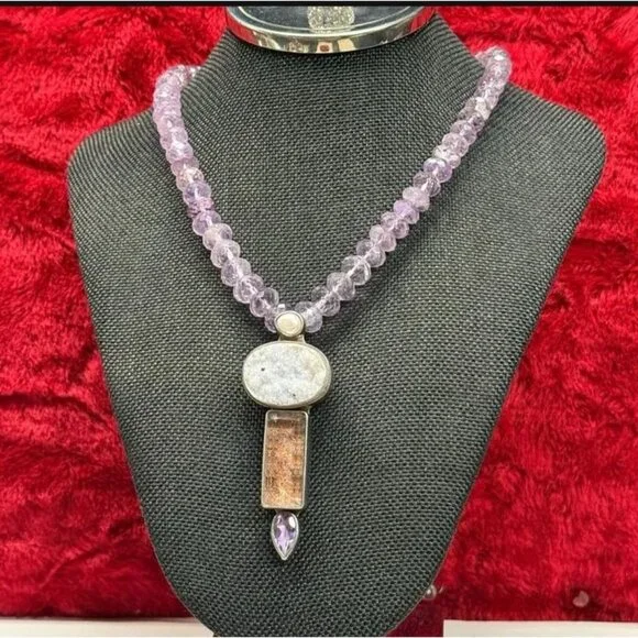 Echo of the Dreamer Necklace Faceted Amethyst Beads Druzy Quartz Pearl 18" - Picture 1 of 6
